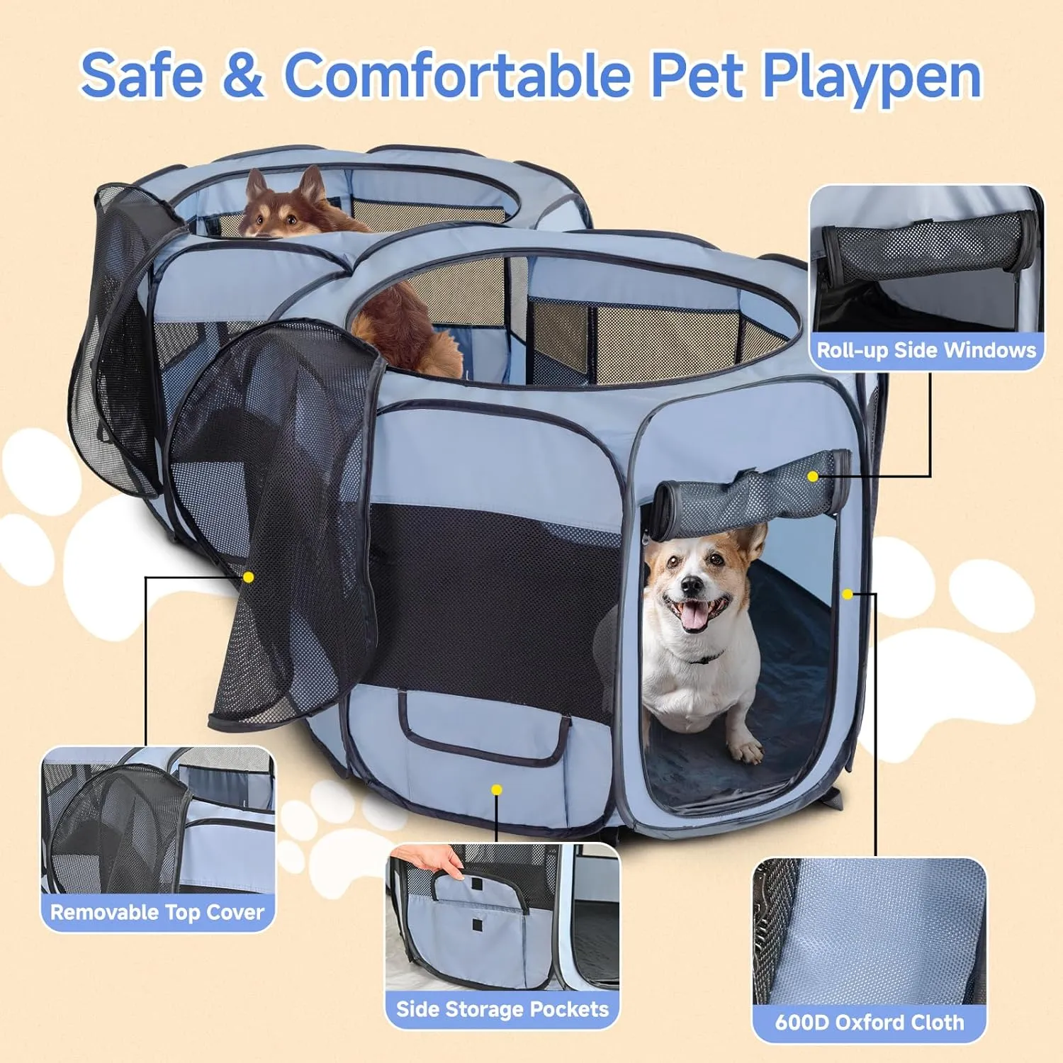 2-in-1 Dog Playpen, 58'' Pop Up Cat Puppy Pet Playpen, Indoor Outdoor Cats Enclosed, Cat Tent Crate Cage Kennel, Portable Playpen for Kitten and Small Animals(No Divider, Unified Space)