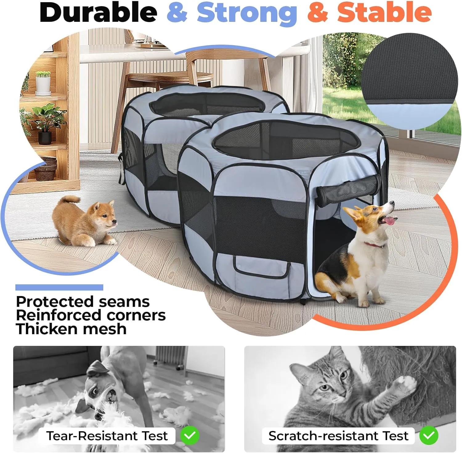 2-in-1 Dog Playpen, 58'' Pop Up Cat Puppy Pet Playpen, Indoor Outdoor Cats Enclosed, Cat Tent Crate Cage Kennel, Portable Playpen for Kitten and Small Animals(No Divider, Unified Space)
