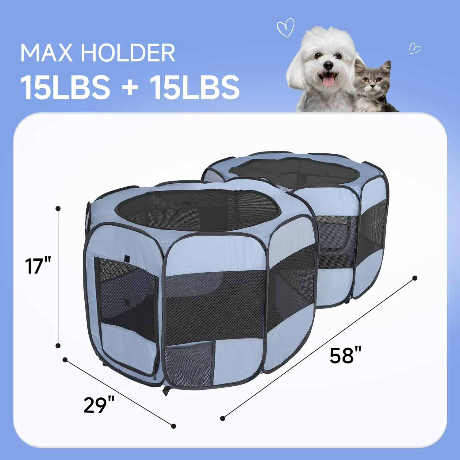 2-in-1 Dog Playpen, 58'' Pop Up Cat Puppy Pet Playpen, Indoor Outdoor Cats Enclosed, Cat Tent Crate Cage Kennel, Portable Playpen for Kitten and Small Animals(No Divider, Unified Space)