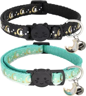 2 Pack Breakaway Cat Collar with Bells,Adjustable Moon and Star Kitten Safety Collars for Boys & Girls,Black Teal