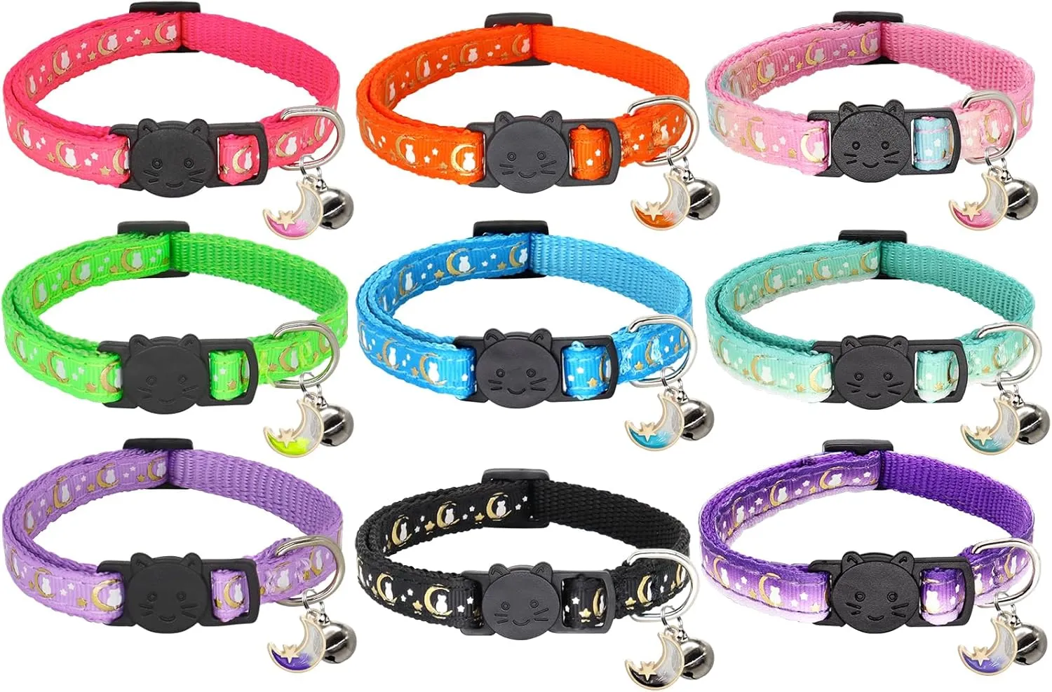 2 Pack Breakaway Cat Collar with Bells,Adjustable Moon and Star Kitten Safety Collars for Boys & Girls,Black Teal