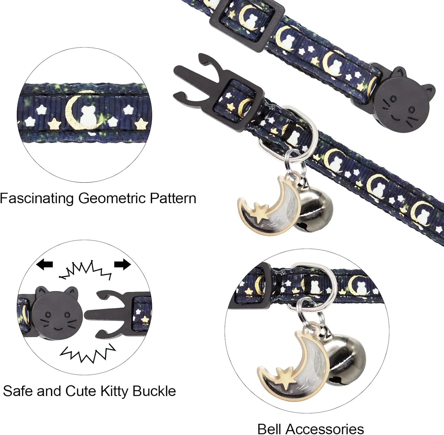 2 Pack Breakaway Cat Collar with Bells,Adjustable Moon and Star Kitten Safety Collars for Boys & Girls,Black Teal