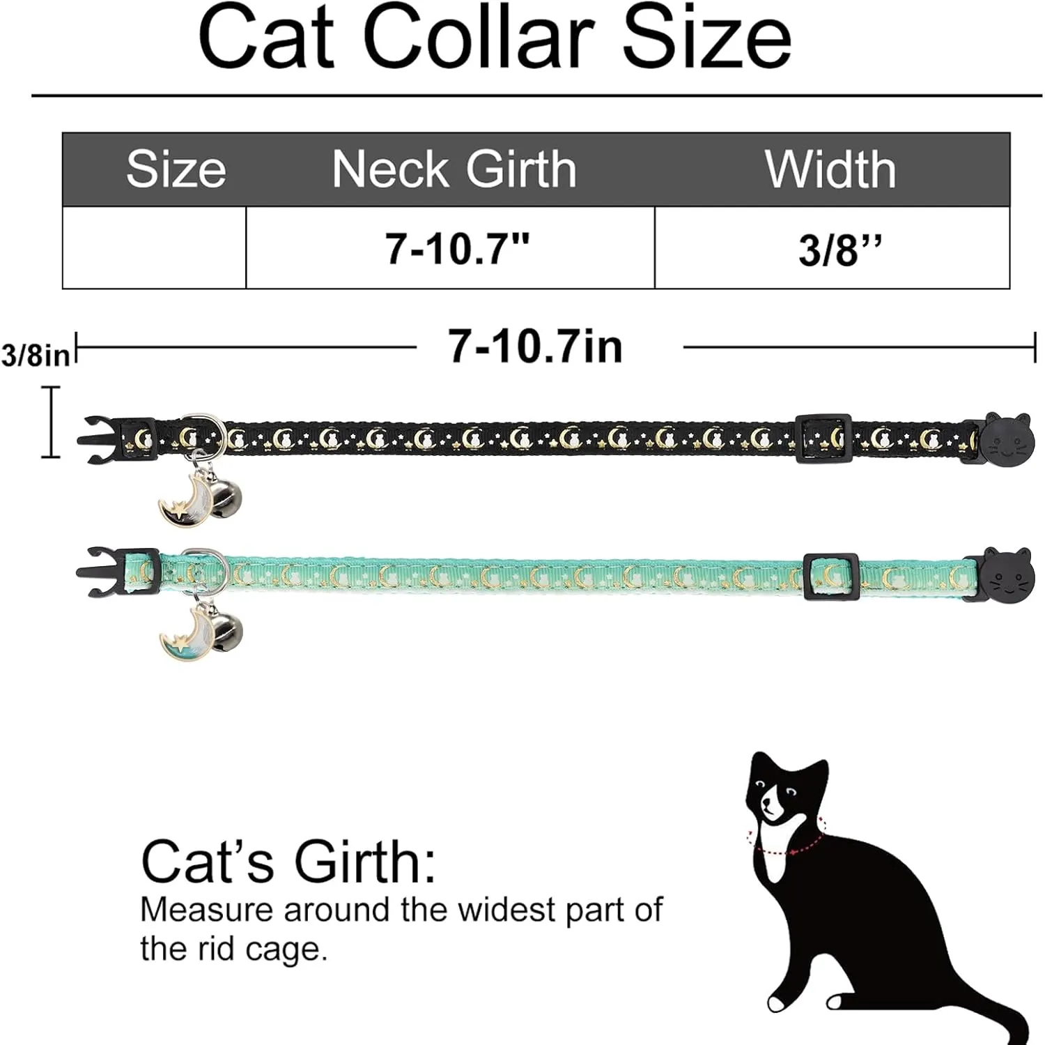 2 Pack Breakaway Cat Collar with Bells,Adjustable Moon and Star Kitten Safety Collars for Boys & Girls,Black Teal