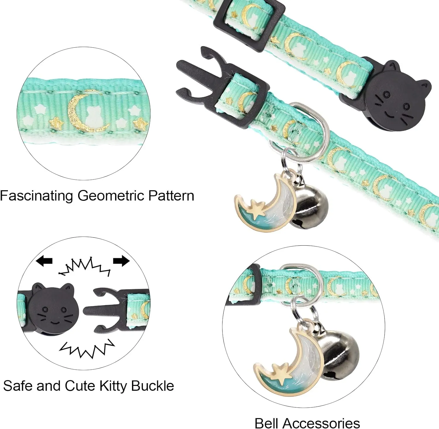 2 Pack Breakaway Cat Collar with Bells,Adjustable Moon and Star Kitten Safety Collars for Boys & Girls,Black Teal