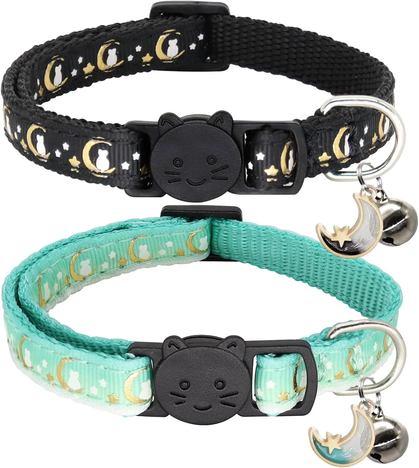 2 Pack Breakaway Cat Collar with Bells,Adjustable Moon and Star Kitten Safety Collars for Boys & Girls,Black Teal