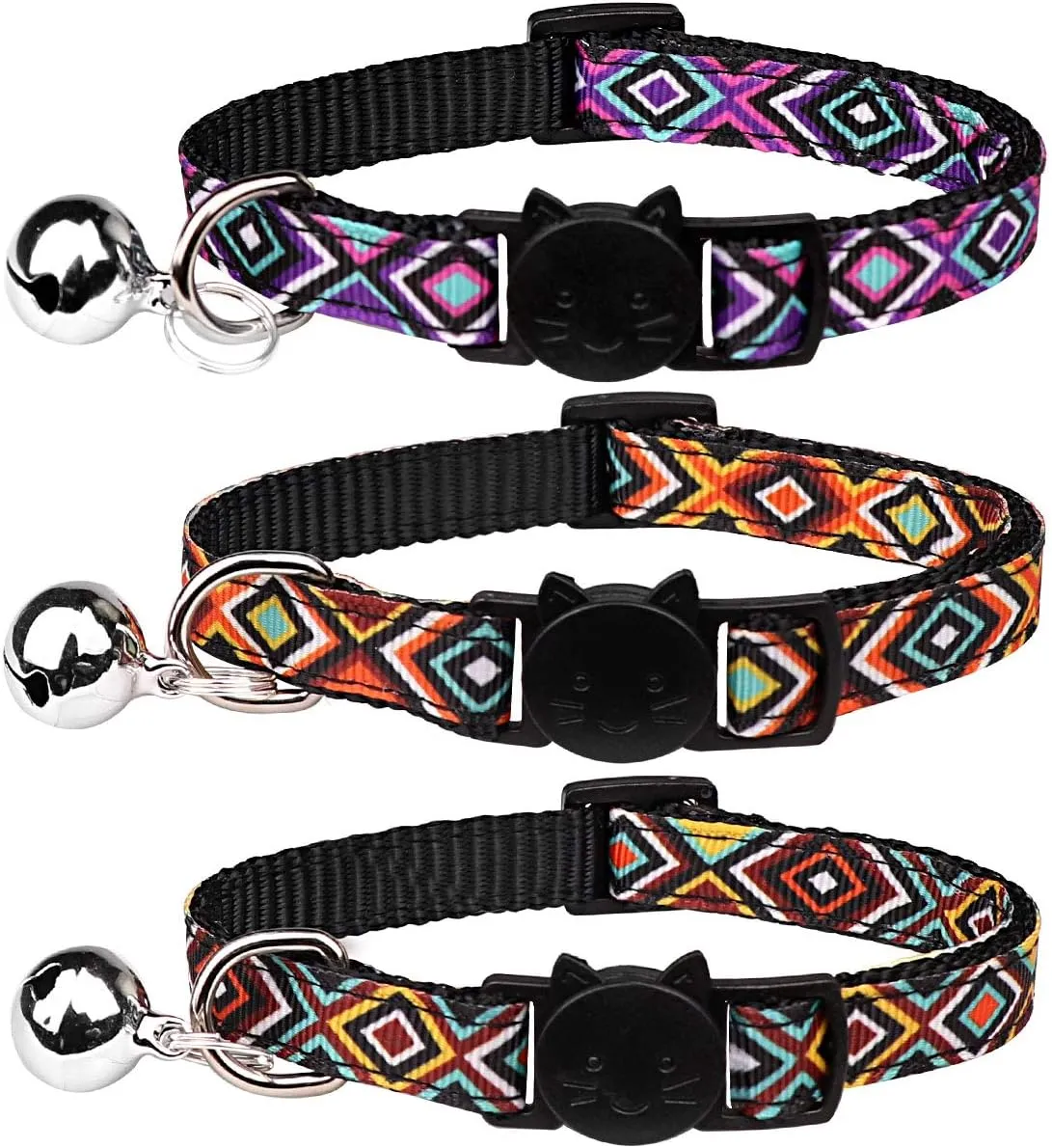 3 PCS Cat Collars with Bell Breakaway Geometric Pattern Adjustable Safety Kitten Collars for Kitty CollarsS