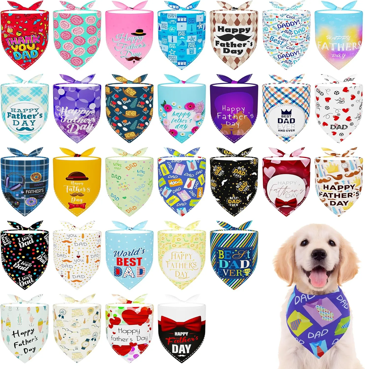 30 Pcs Fathers Day Small Dog Bandanas Bulk 25 Inch Love Dad Dog Bandanas for Medium Dogs Breed Best Dad Dogs Bandana Large Cats Grooming M