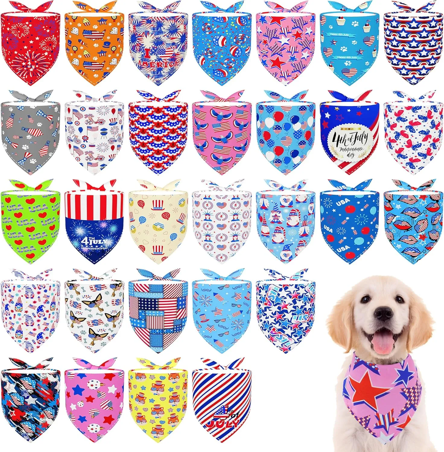 30 Pcs Patriotic Small Dog Bandanas Bulk 25 Inch Independence Day Dogs Bandana for Medium Dogs Breed 4th of July Dog Bandanas Large Cats Grooming M
