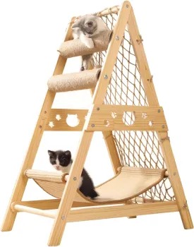 34'' H Wooden Cat Tree, Triangle Design with Cat Hammock & Sisal Scratch Post & Feather Toys, Solid Wood Cat Tower for Kitten or Small Cat