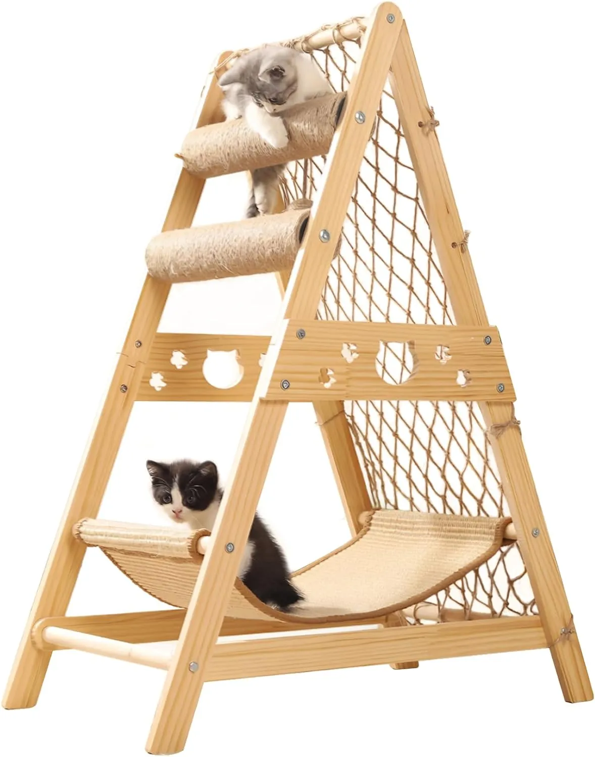 34'' H Wooden Cat Tree, Triangle Design with Cat Hammock & Sisal Scratch Post & Feather Toys, Solid Wood Cat Tower for Kitten or Small Cat