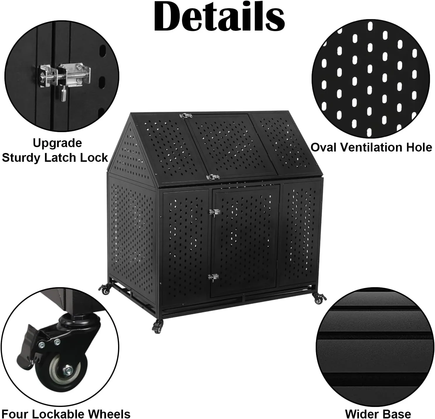 44'' Indestructible Heavy Duty Dog Crate, Escape-Proof Kennel with Pointed Roof for High Anxiety Large Medium Dogs, Steel Chewproof Sound Proof Impact Cage Indoor with Wheels and Trays, XL/XXL