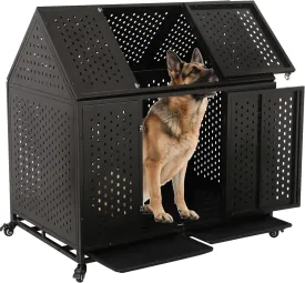 44'' Indestructible Heavy Duty Dog Crate, Escape-Proof Kennel with Pointed Roof for High Anxiety Large Medium Dogs, Steel Chewproof Sound Proof Impact Cage Indoor with Wheels and Trays, XL/XXL