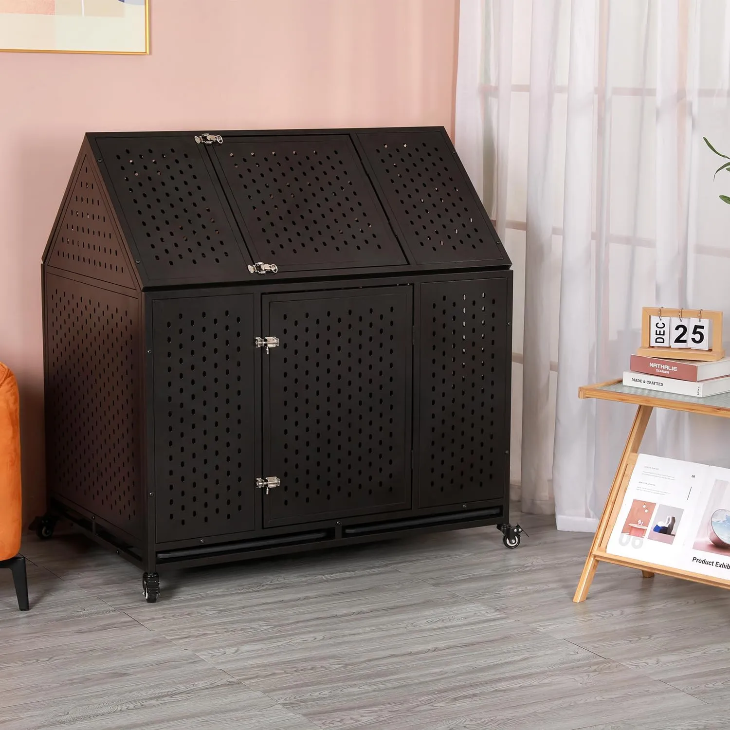 44'' Indestructible Heavy Duty Dog Crate, Escape-Proof Kennel with Pointed Roof for High Anxiety Large Medium Dogs, Steel Chewproof Sound Proof Impact Cage Indoor with Wheels and Trays, XL/XXL