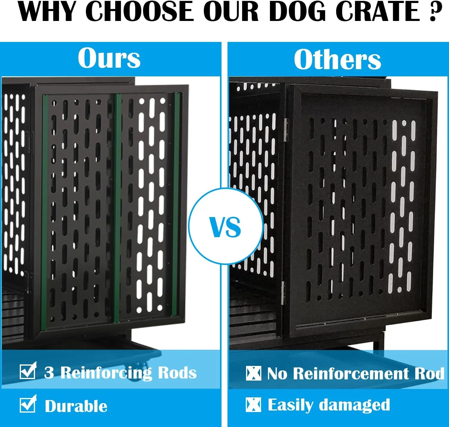 44'' Indestructible Heavy Duty Dog Crate, Escape Proof Strong Steel Pet Cage for High Anxiety Large Medium Dogs, Indoor Impact Sound Proof Chewproof Kennel Double Door with Trays and Wheels