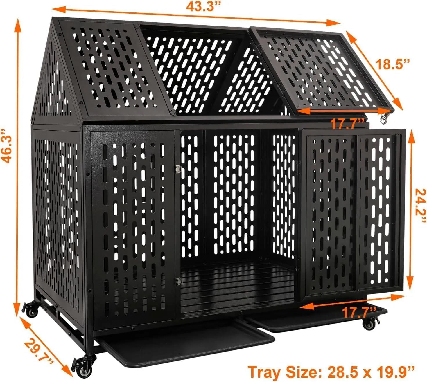 44'' Indestructible Heavy Duty Dog Crate, Escape Proof Strong Steel Pet Cage for High Anxiety Large Medium Dogs, Indoor Impact Sound Proof Chewproof Kennel Double Door with Trays and Wheels