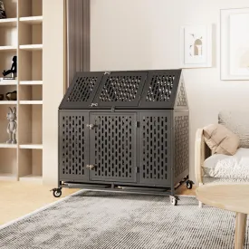 44'' Indestructible Heavy Duty Dog Crate, Escape Proof Strong Steel Pet Cage for High Anxiety Large Medium Dogs, Indoor Impact Sound Proof Chewproof Kennel Double Door with Trays and Wheels