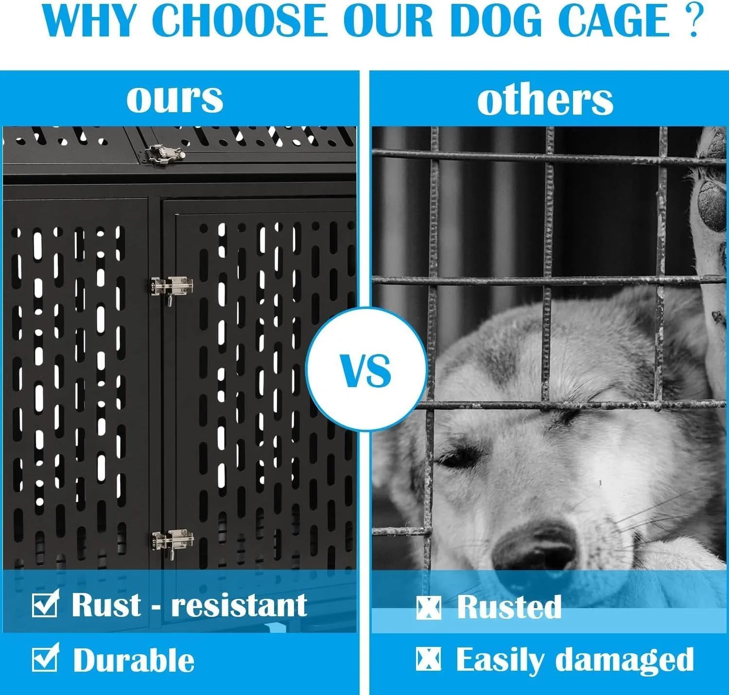 44'' Indestructible Heavy Duty Dog Crate, Escape Proof Strong Steel Pet Cage for High Anxiety Large Medium Dogs, Indoor Impact Sound Proof Chewproof Kennel Double Door with Trays and Wheels