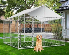 7.5FT Large Outdoor Dog Kennel with Roof, Outside Heavy Duty Dog Run Enclosure House Pet Playpen with Galvanized Chain Link Waterproof Cover and Secure (7.5' x 7.5' x 5.3')