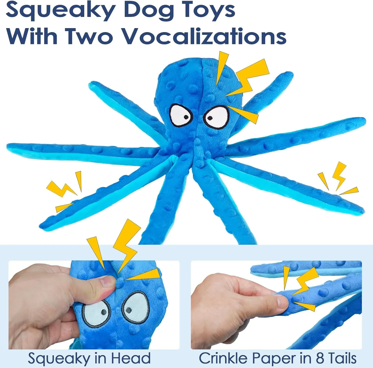 8 Pack Squeaky Octopus Plush Dog Toys for Aggressive Chewers, No Stuffing, Crinkle, Durable Interactive, 4 Colors