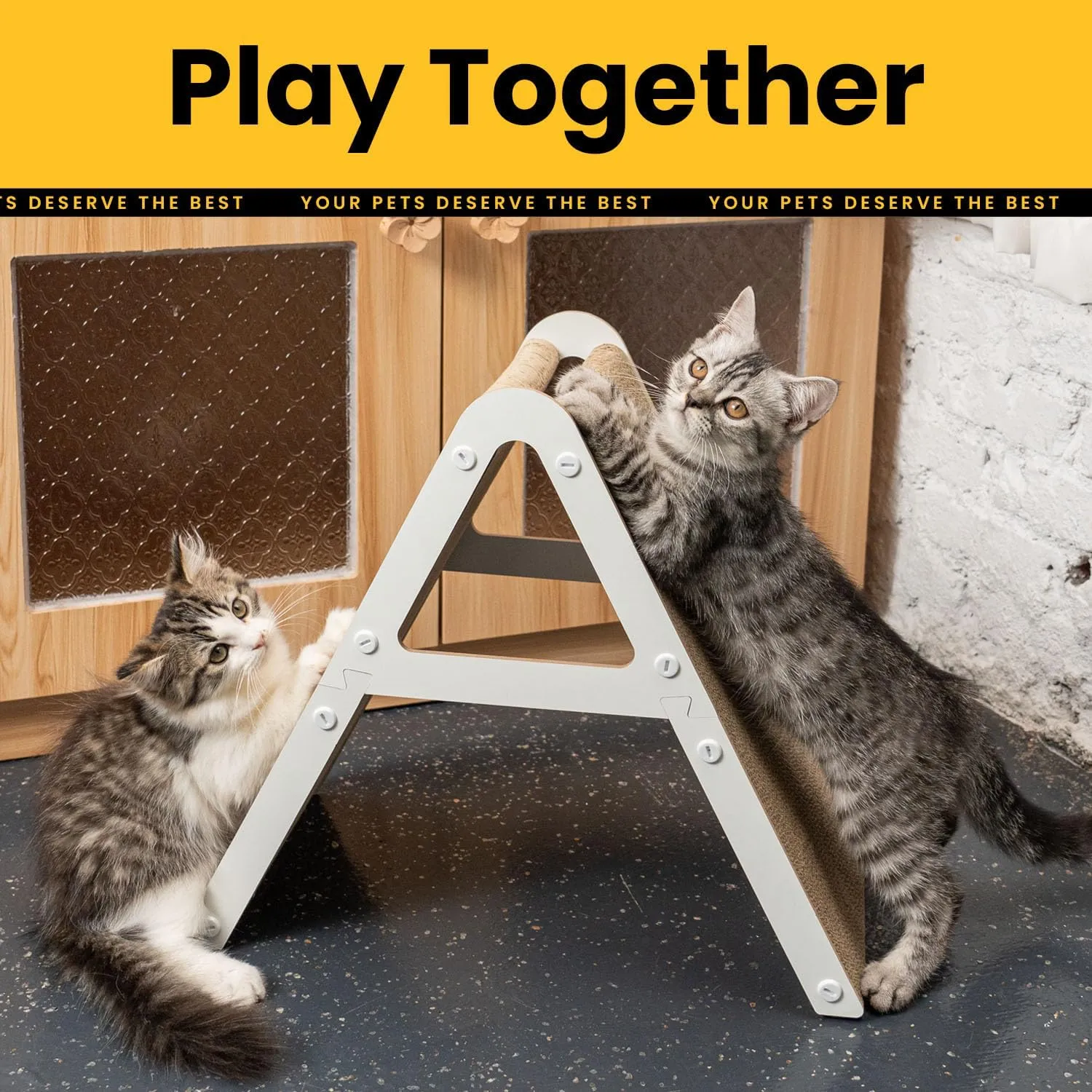 A-Frame Cat Scratching Board, Recycled Cardboard & Wood Frame, Dual-Sided Vertical Horizontal Cat Scratcher for Indoor Kittens, Space-Saving Furniture Protector for Sofa Walls, White