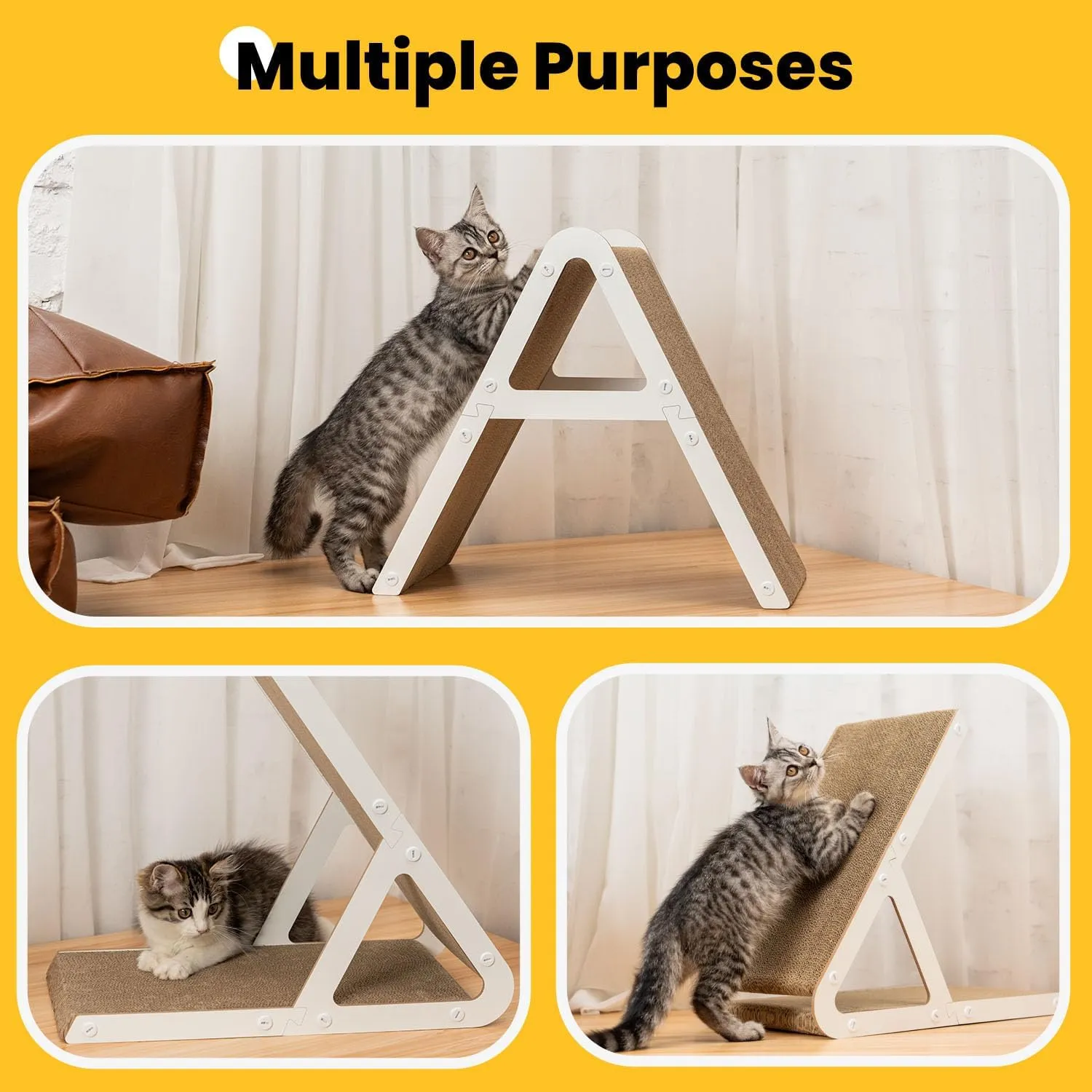 A-Frame Cat Scratching Board, Recycled Cardboard & Wood Frame, Dual-Sided Vertical Horizontal Cat Scratcher for Indoor Kittens, Space-Saving Furniture Protector for Sofa Walls, White