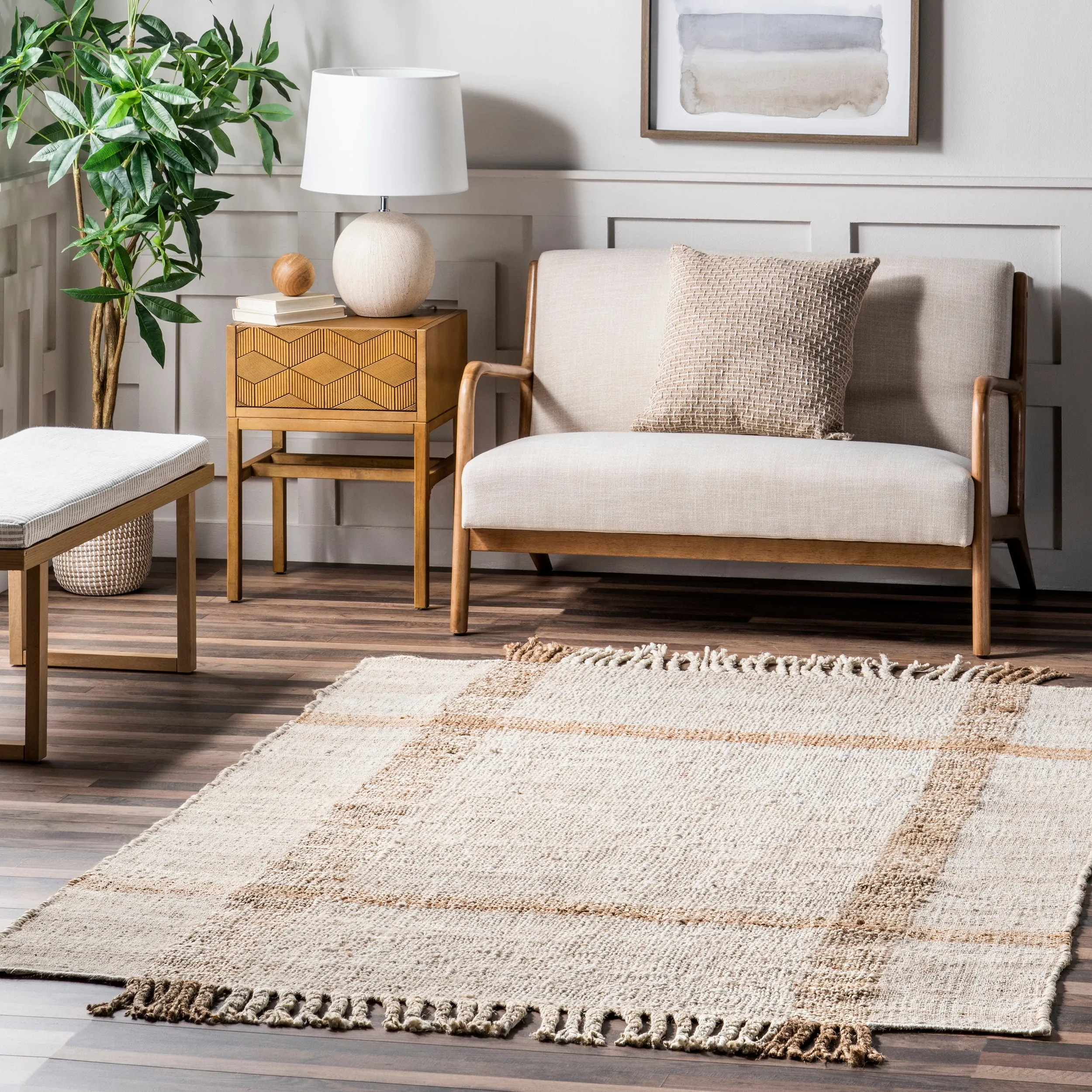 April Casual Stripe Jute Tassel Area Rug