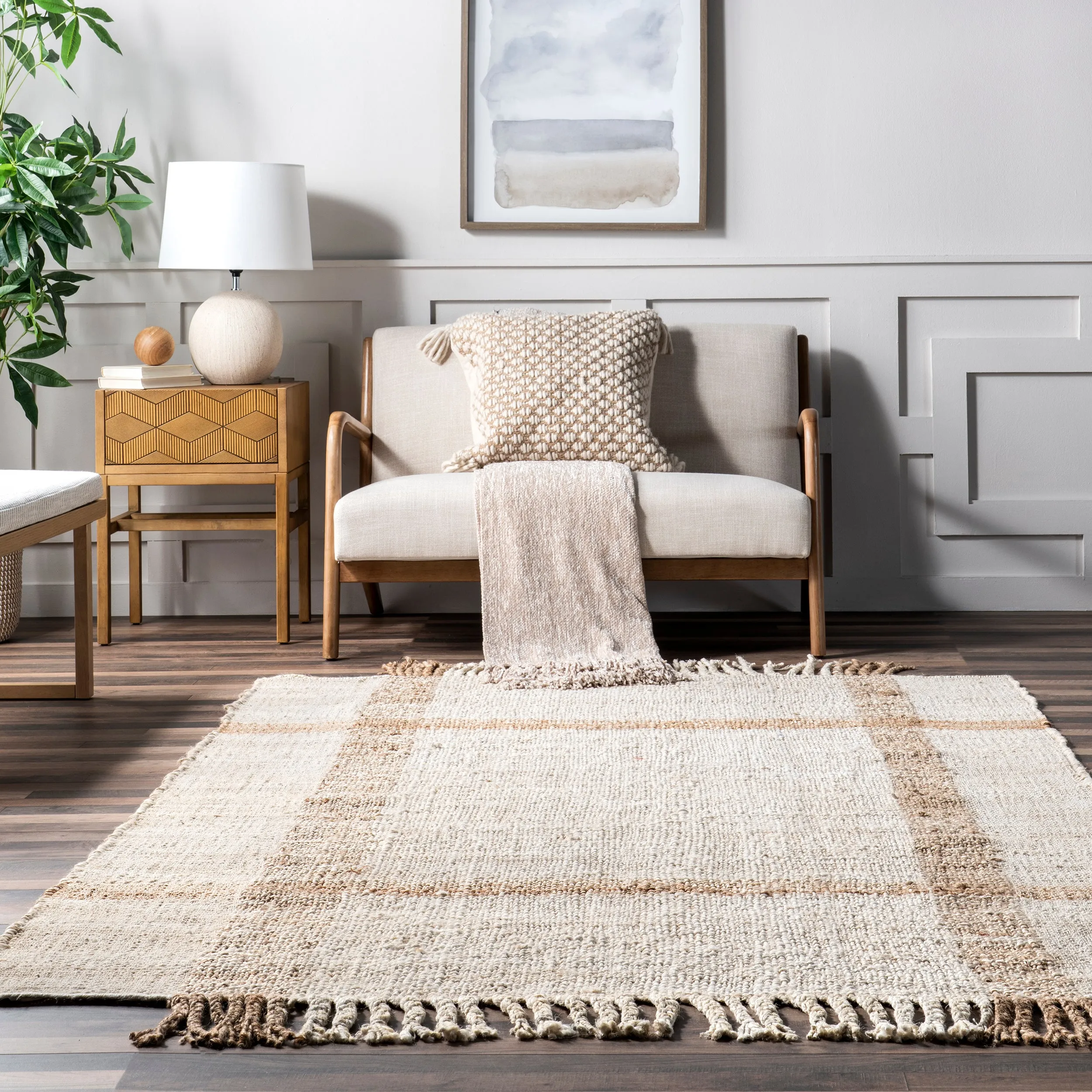 April Casual Stripe Jute Tassel Area Rug