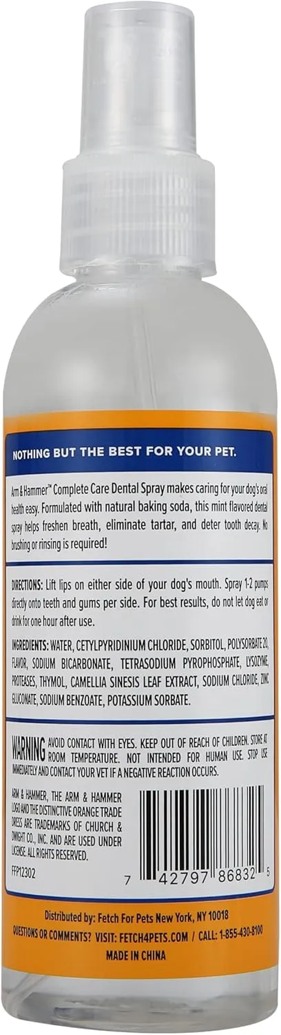 Arm & Hammer Complete Care Dog Dental Spray, 6 Fl Oz | Mint Flavor Dog Dental Spray for Easy Brushless Cleaning | Baking Soda Enhanced Formula for Fresh Breath and Tartar Control (Pack of 2)