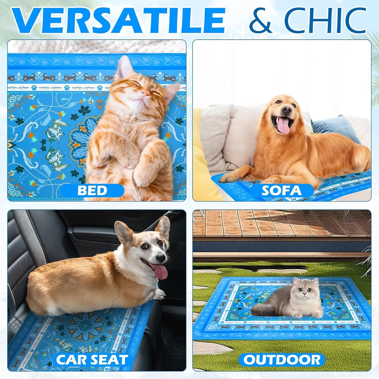 BINGPET Cooling Mat for Cats,19.5"X27.5" Dog Cooling Mat Pad Retro Print,Portable Washable Pet Feeding Mat Pee Pads,Comfy Ice Silk for Summer Indoor & Outdoor,Crate,Bed,Car Seats