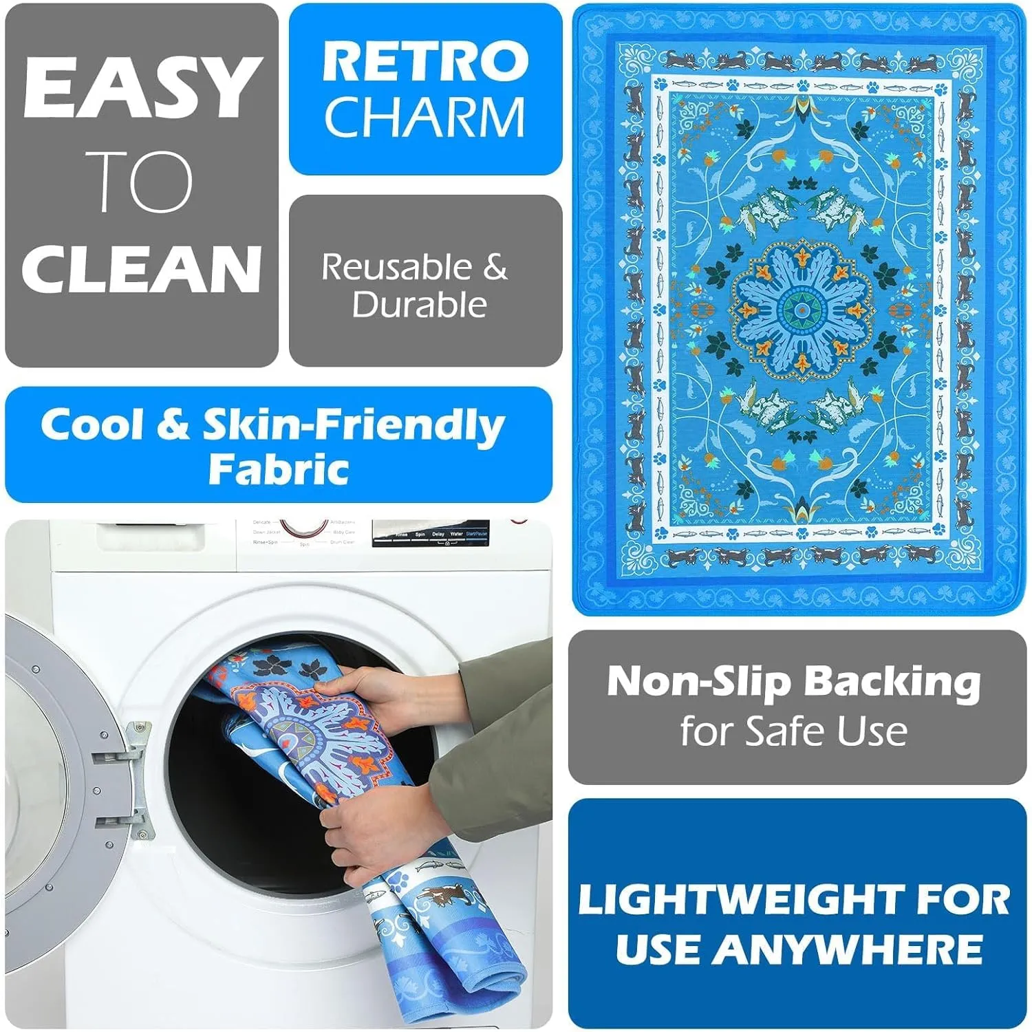 BINGPET Cooling Mat for Cats,19.5"X27.5" Dog Cooling Mat Pad Retro Print,Portable Washable Pet Feeding Mat Pee Pads,Comfy Ice Silk for Summer Indoor & Outdoor,Crate,Bed,Car Seats