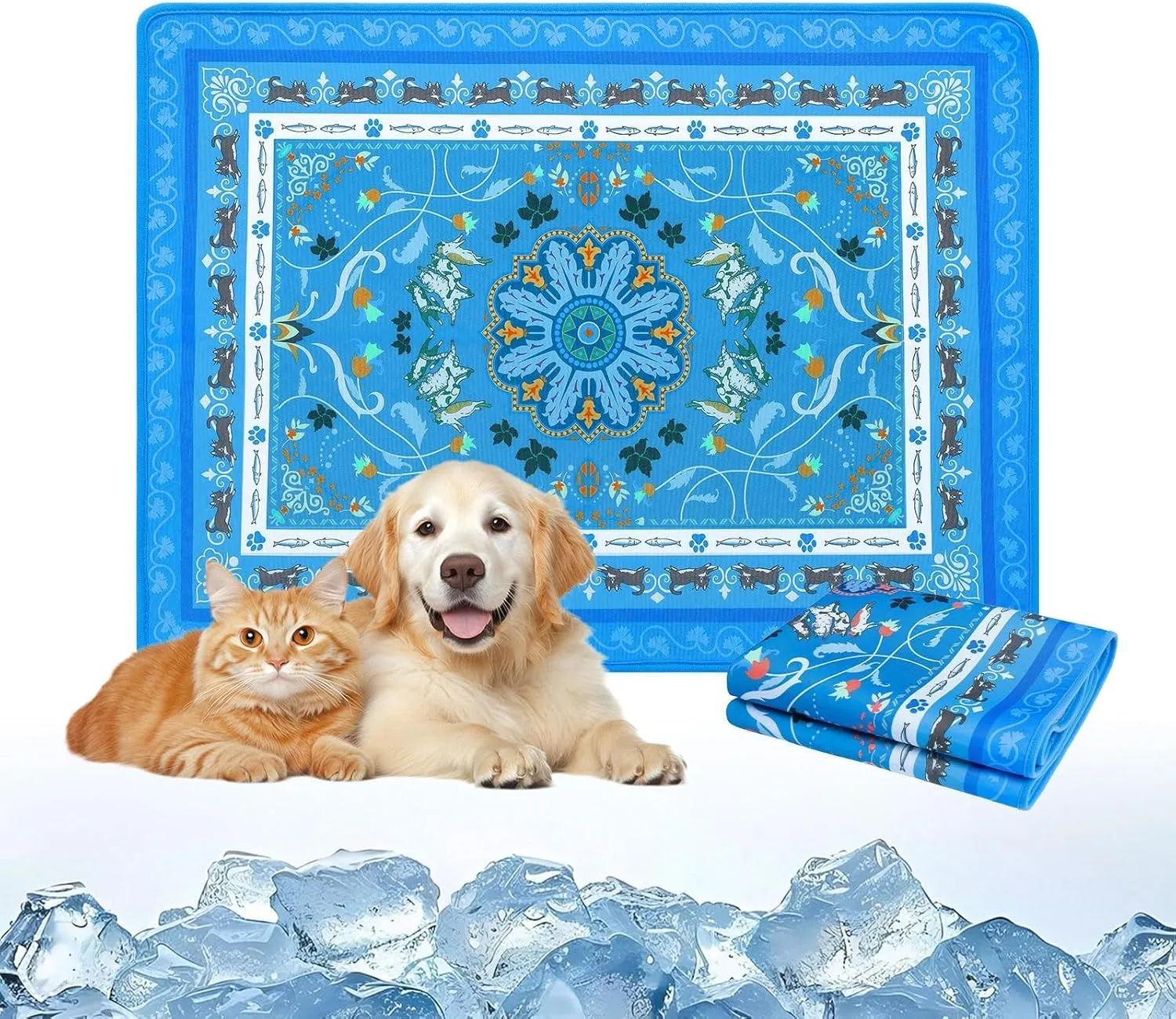 BINGPET Cooling Mat for Cats,19.5"X27.5" Dog Cooling Mat Pad Retro Print,Portable Washable Pet Feeding Mat Pee Pads,Comfy Ice Silk for Summer Indoor & Outdoor,Crate,Bed,Car Seats