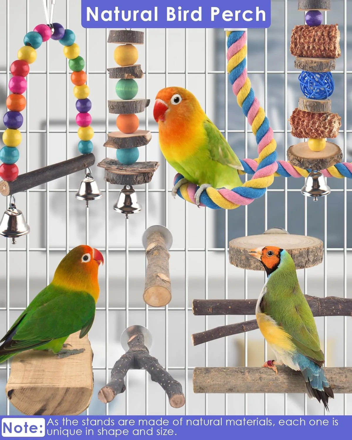 Bissap Bird Chew Toys, Parakeet Natural Wood Parrot Hanging Cage Toy Perch Stand for Small Birds Conure Cockatiel Parrotlet Lovebird Budgie (10 PCS)