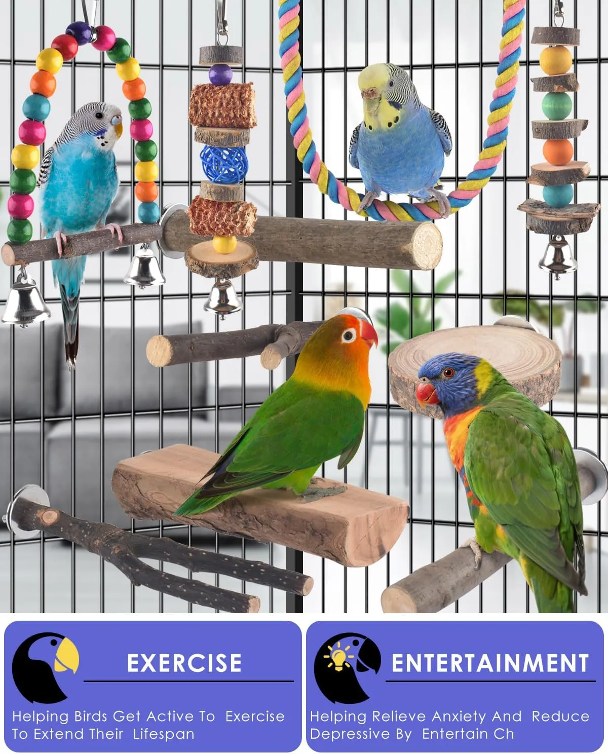 Bissap Bird Chew Toys, Parakeet Natural Wood Parrot Hanging Cage Toy Perch Stand for Small Birds Conure Cockatiel Parrotlet Lovebird Budgie (10 PCS)