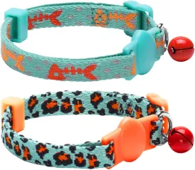 Blueberry Pet Cat Collar Breakaway 2 Pack, Fish Bone & Leopard Print, Adjustable Cat Collars for Boy Cats, Turquoise Blue with Bell, Neck 9-13", Safe & Stylish for Small Cats & Kittens