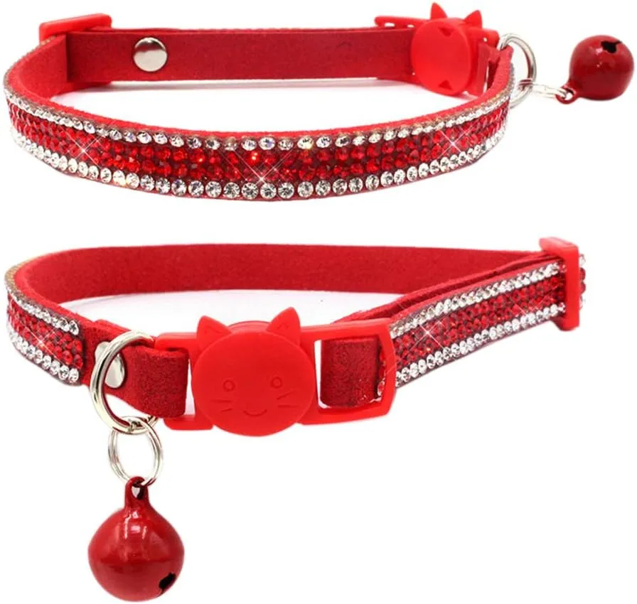 Breakaway Cat Collars, Kitten Collar with Bell,Adjustable Rhinestone Cat Collar for Girl & Boy CatsRed