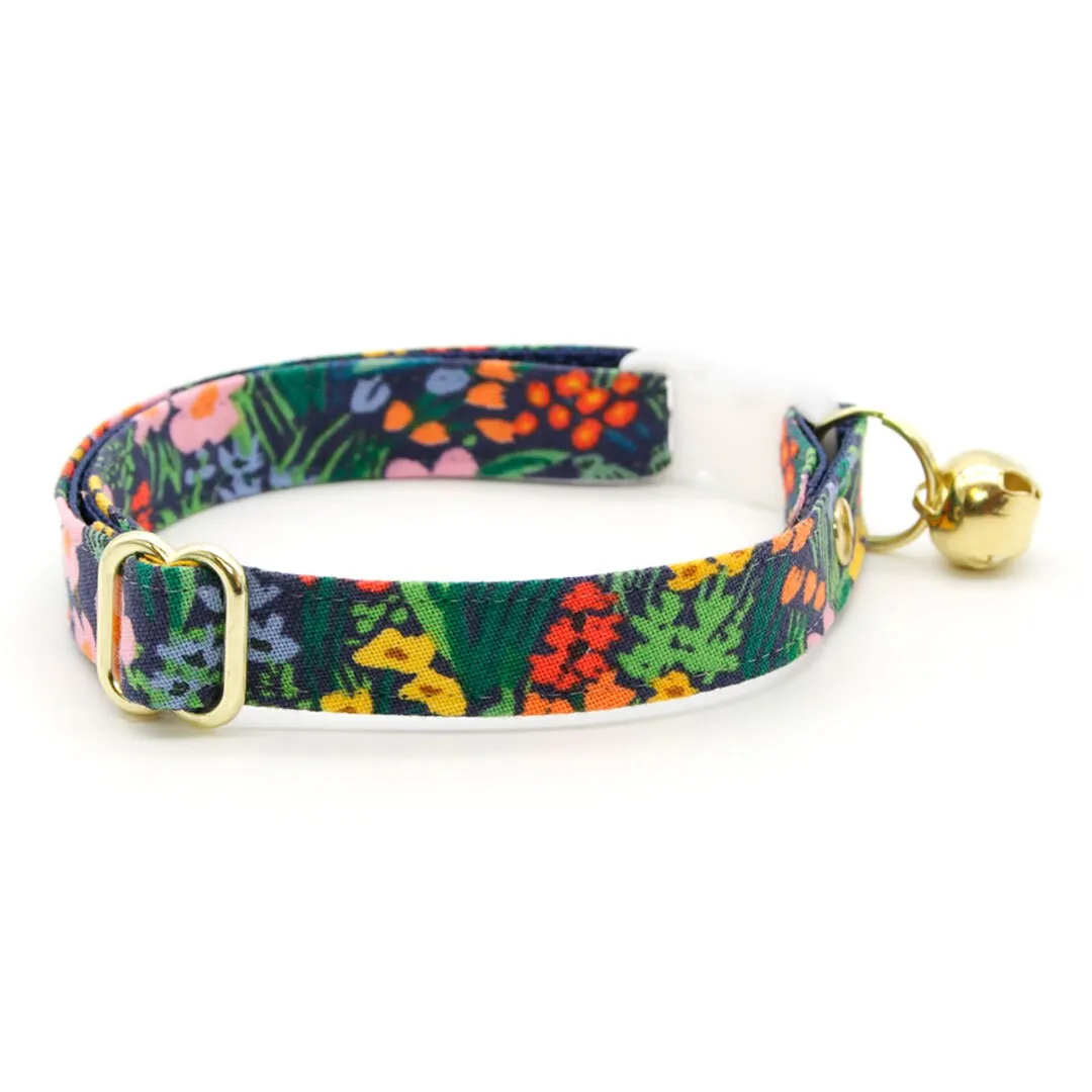 Cat Collar - "Fantasia - Night" - Rifle Paper Co® Blue Floral Cat Collar / Spring, Easter, Summer / Breakaway Buckle or Non-Breakaway / Cat, Kitten   Small Dog Sizes