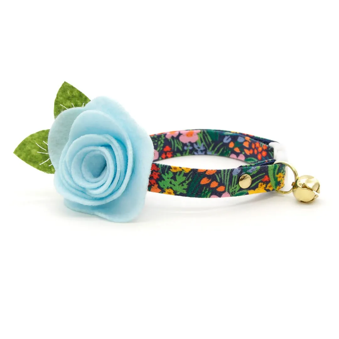 Cat Collar - "Fantasia - Night" - Rifle Paper Co® Blue Floral Cat Collar / Spring, Easter, Summer / Breakaway Buckle or Non-Breakaway / Cat, Kitten   Small Dog Sizes