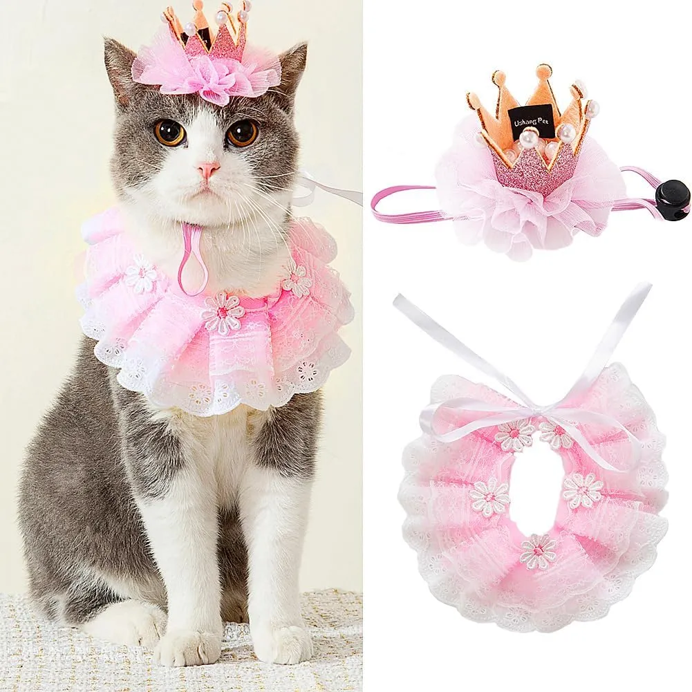 Cat Princess Costumes Pink Cat Crown Hat & Lace Bandana Scarf Set, Puppy Part Hat for Small Dogs & Cats, Pink Outfit for Cats and Small Dogs Birthday Party