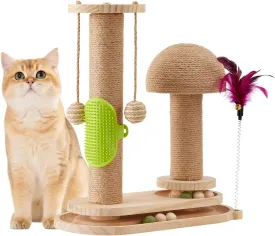 Cat Scratching Post, 2-Tier Modern Sisal Cat Scratcher with Wooden Ball Track, Dangling Balls, Spring Feather Teaser, and Detachable Grooming Brush - Interactive Kitten Toys for Indoor Cats