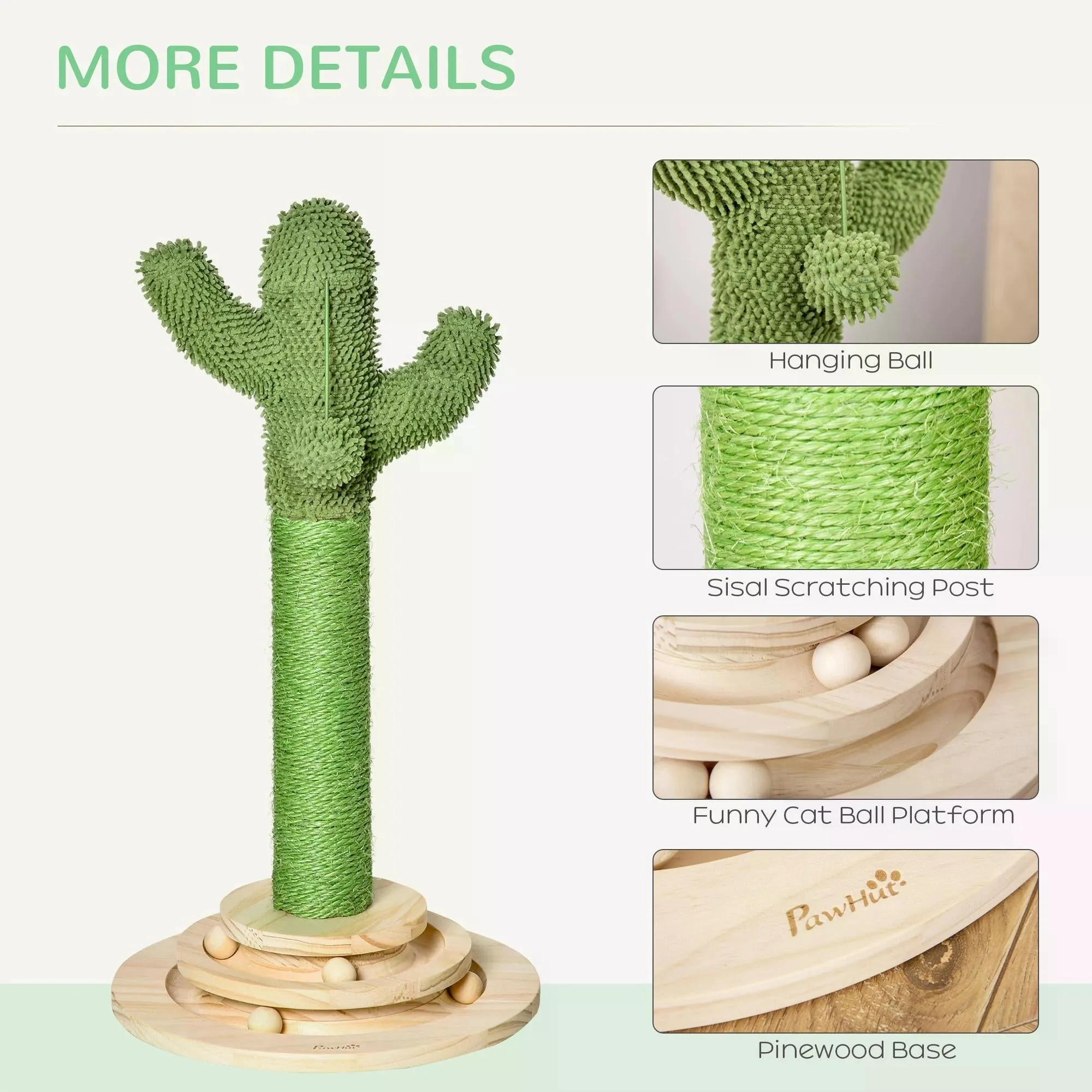 Cat Tree Cactus-shaped Tower Kitten Furniture with Sisal Scratching Post Hanging Ball Funny Cat Ball Platform 32 x 32 x 60cm Green
