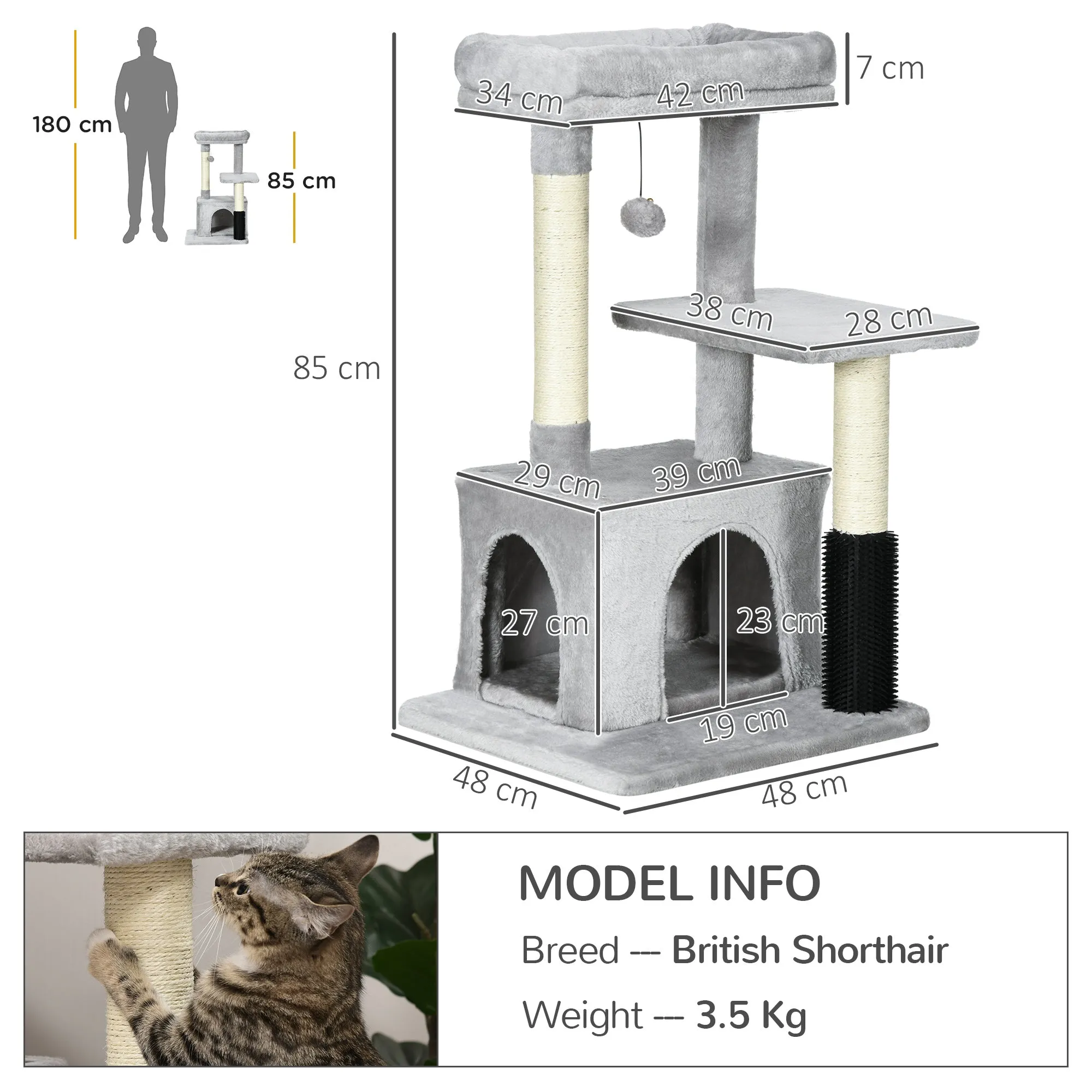 Cat Tree Tower Climbing Activity Center Kitten Furniture with Sisal Post Scratching Massage Toy 48 x 48 x 80cm Light Grey