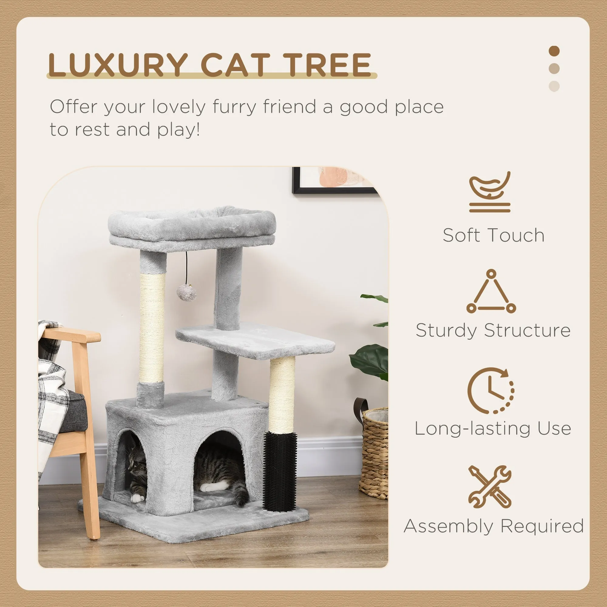 Cat Tree Tower Climbing Activity Center Kitten Furniture with Sisal Post Scratching Massage Toy 48 x 48 x 80cm Light Grey