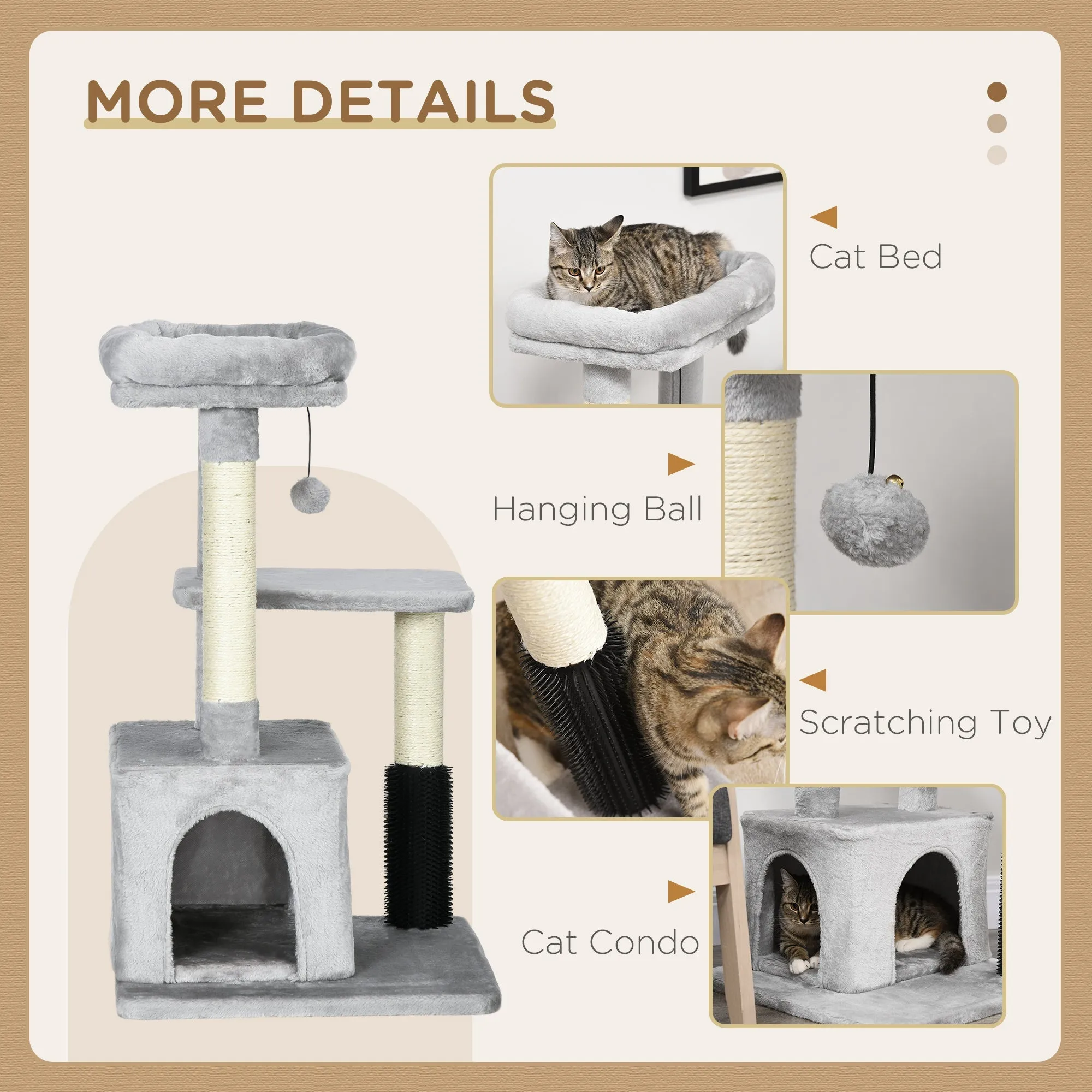 Cat Tree Tower Climbing Activity Center Kitten Furniture with Sisal Post Scratching Massage Toy 48 x 48 x 80cm Light Grey
