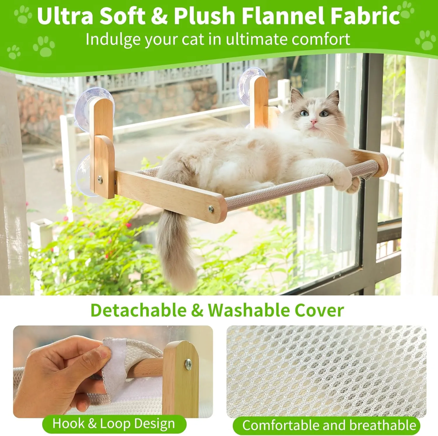 Cat Window Perch with Wooden Frame  Aloxina Foldable Cat Hammock Bed for Indoor Cats, Breathable Sandwich Mesh Cover, Strong Suction Cups, No Drilling, Supports Large Cats