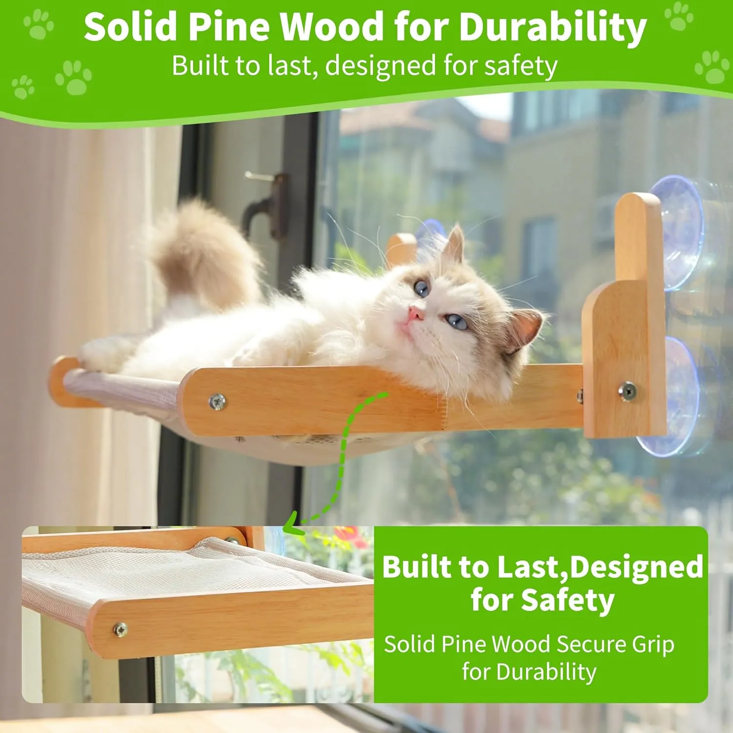 Cat Window Perch with Wooden Frame  Aloxina Foldable Cat Hammock Bed for Indoor Cats, Breathable Sandwich Mesh Cover, Strong Suction Cups, No Drilling, Supports Large Cats