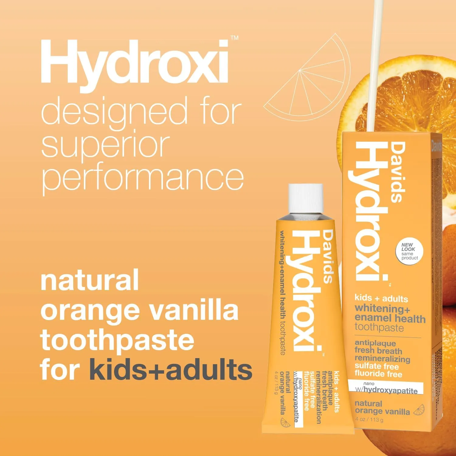 Davids Hydroxi Fluoride Free Nano Hydroxyapatite Toothpaste for Enamel Health & Whitening, Antiplaque, SLS Free, Kid Friendly Orange Vanilla Flavor, 4 oz, Made in USA