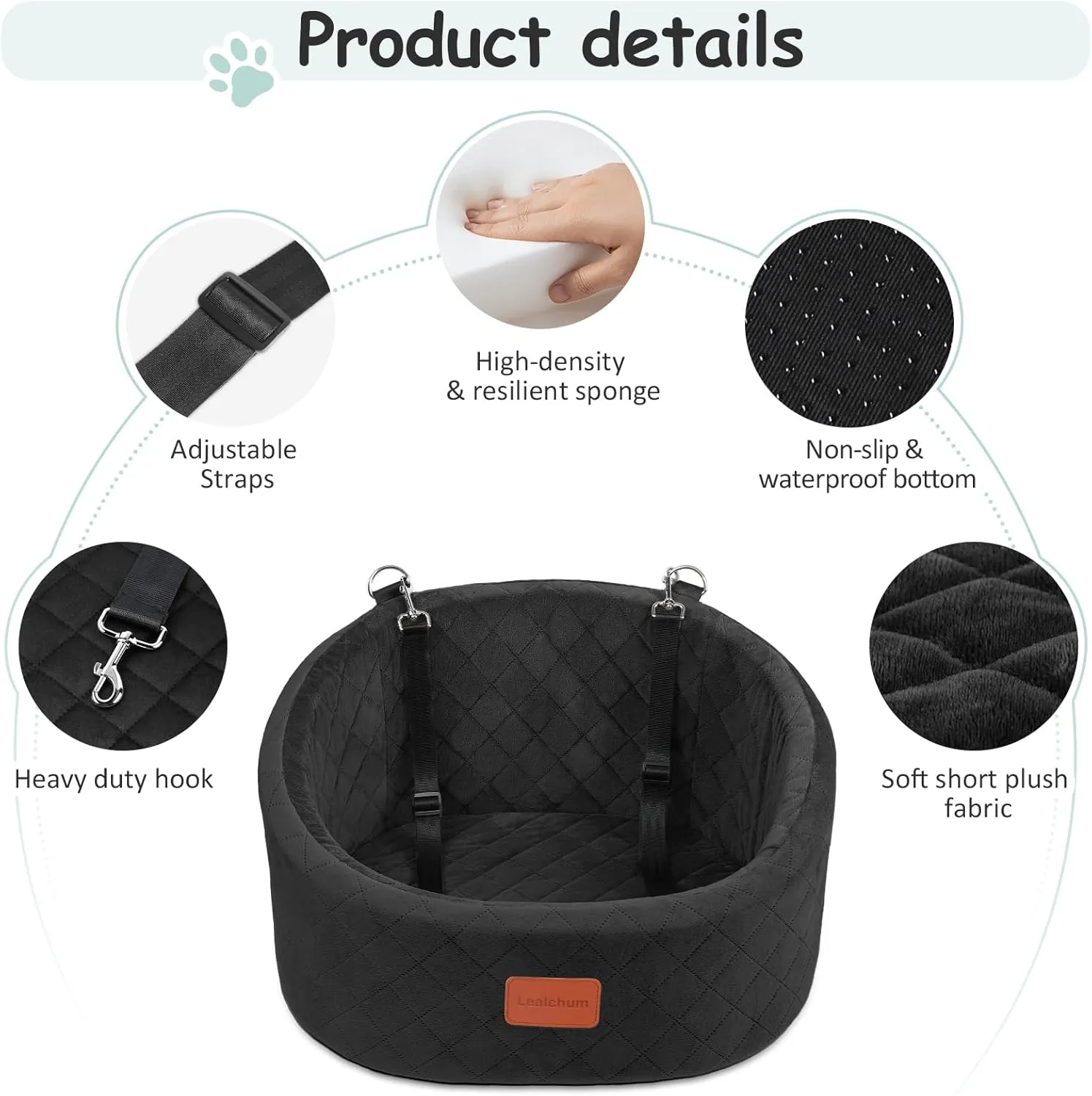 Dog Car Seat for Dogs Up to 25lbs, Comfy Car Dog Bed with 2 Clip-On Safety Leashes, Pet Travel Car Seat with Ultra Soft Fabric, Easy to Install and Fully Removable Washable (Black,Small)