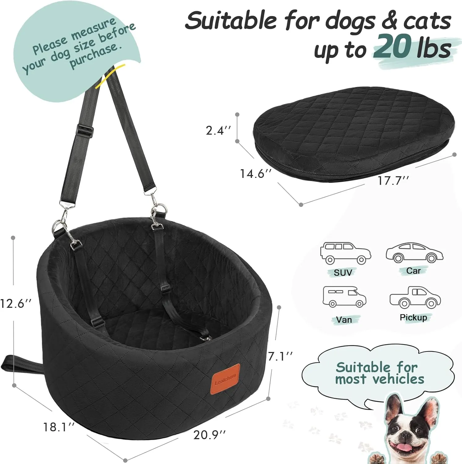 Dog Car Seat for Dogs Up to 25lbs, Comfy Car Dog Bed with 2 Clip-On Safety Leashes, Pet Travel Car Seat with Ultra Soft Fabric, Easy to Install and Fully Removable Washable (Black,Small)