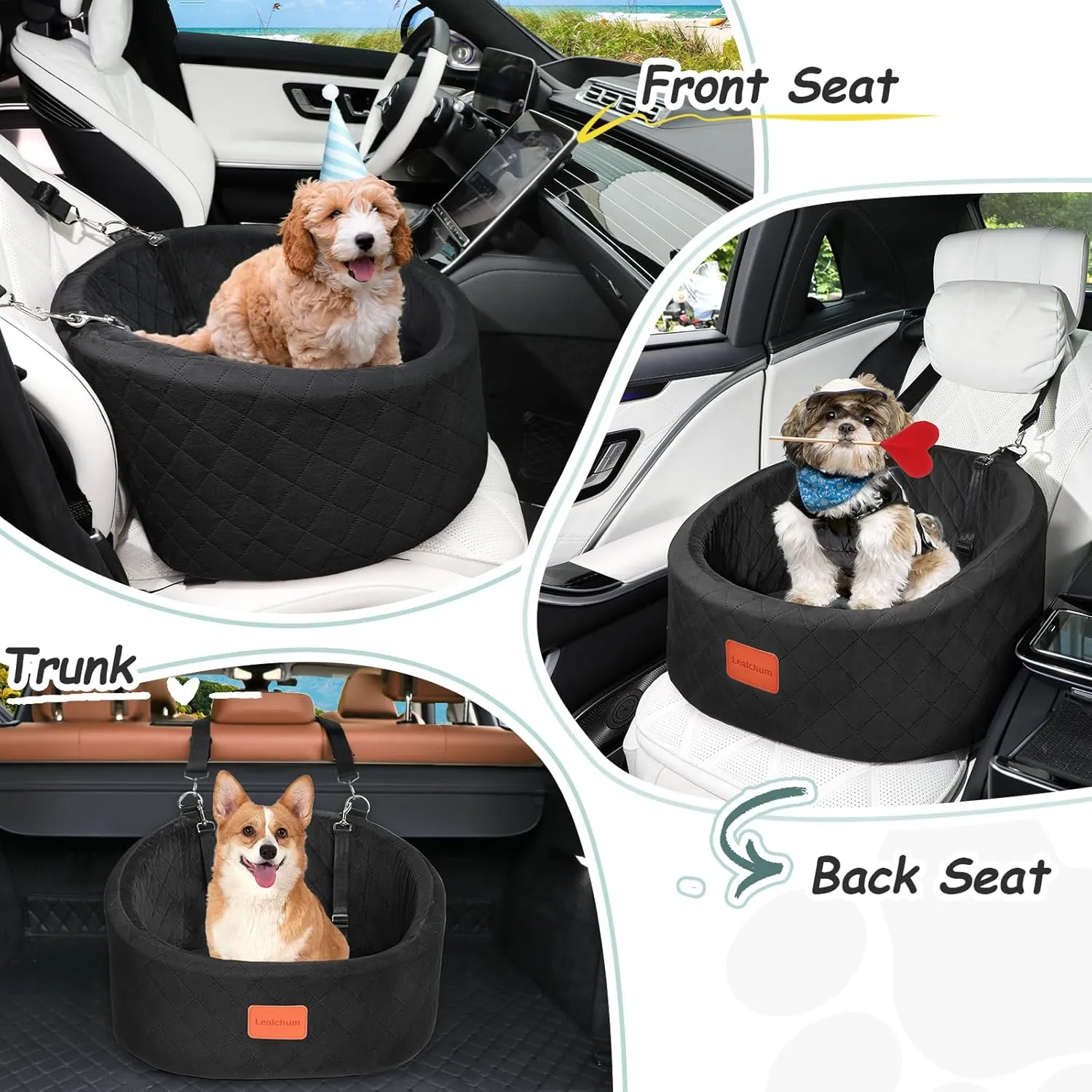 Dog Car Seat for Dogs Up to 25lbs, Comfy Car Dog Bed with 2 Clip-On Safety Leashes, Pet Travel Car Seat with Ultra Soft Fabric, Easy to Install and Fully Removable Washable (Black,Small)