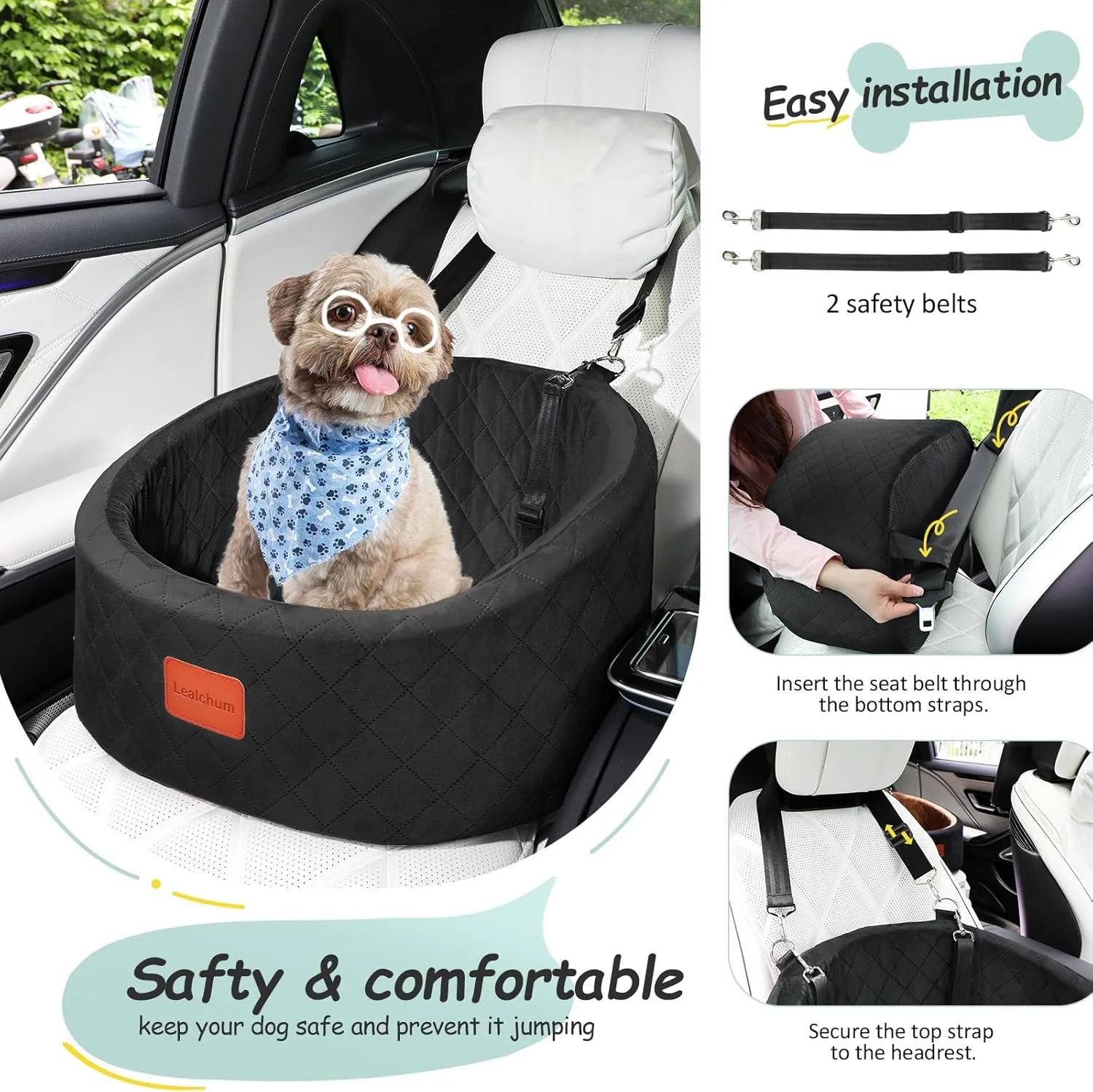 Dog Car Seat for Dogs Up to 25lbs, Comfy Car Dog Bed with 2 Clip-On Safety Leashes, Pet Travel Car Seat with Ultra Soft Fabric, Easy to Install and Fully Removable Washable (Black,Small)